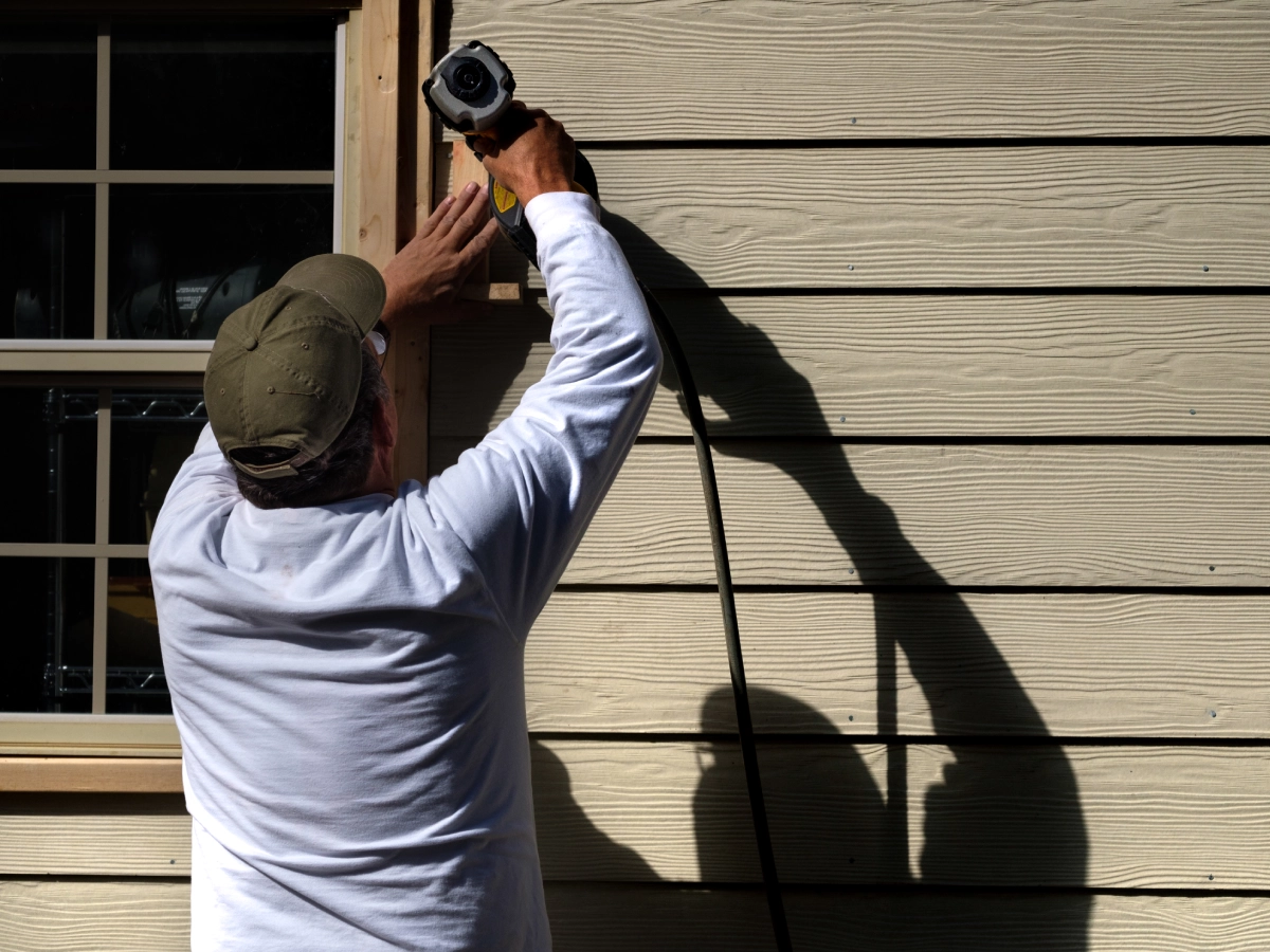 Person using power tool on house siding.