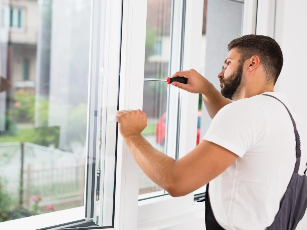 Man installing a window with screwdriver.